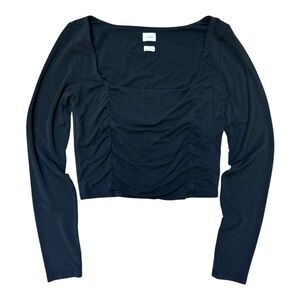 Wilfred Lydia Ruched Square Neck Crop Top Medium Neutral Long Sleeve Black